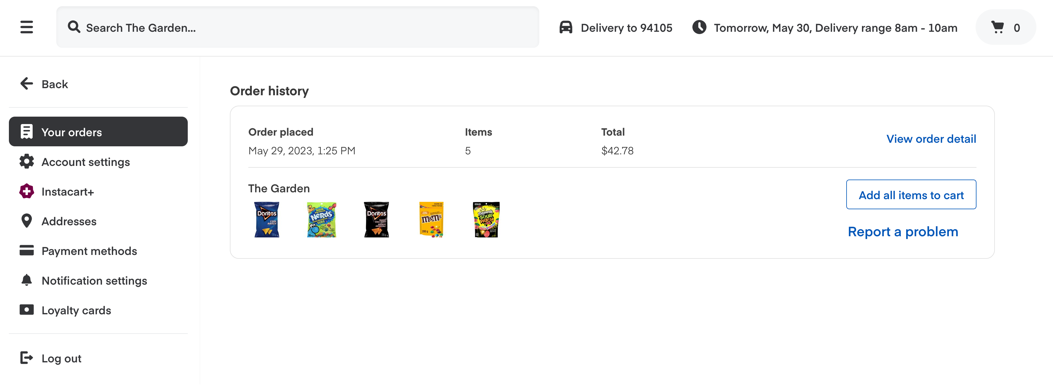 Shows the Order History page with a previous order.