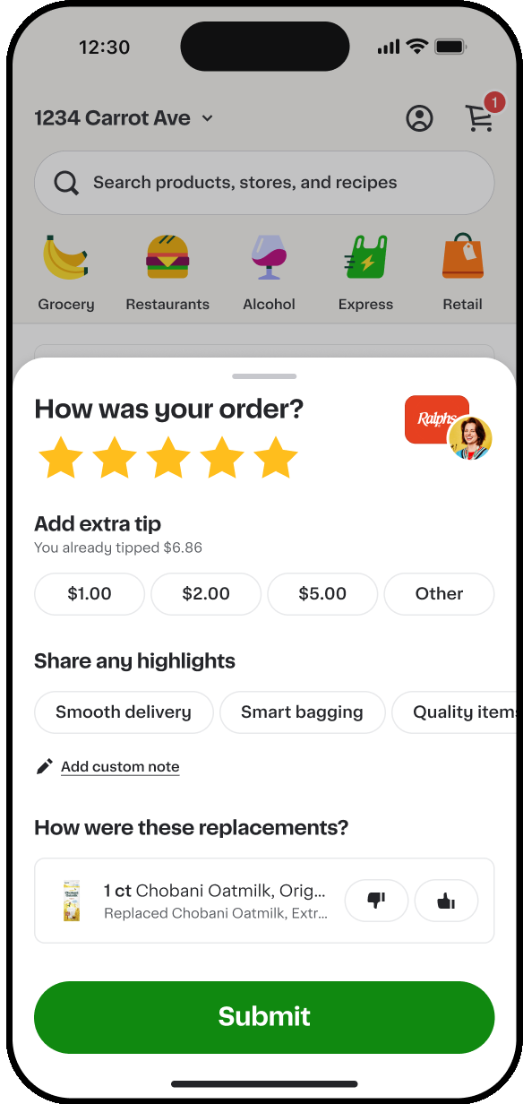 Shows a review screen for an online order with options to rate using stars, add extra tips, share highlights (for example, Smooth delivery), and rate replacements.