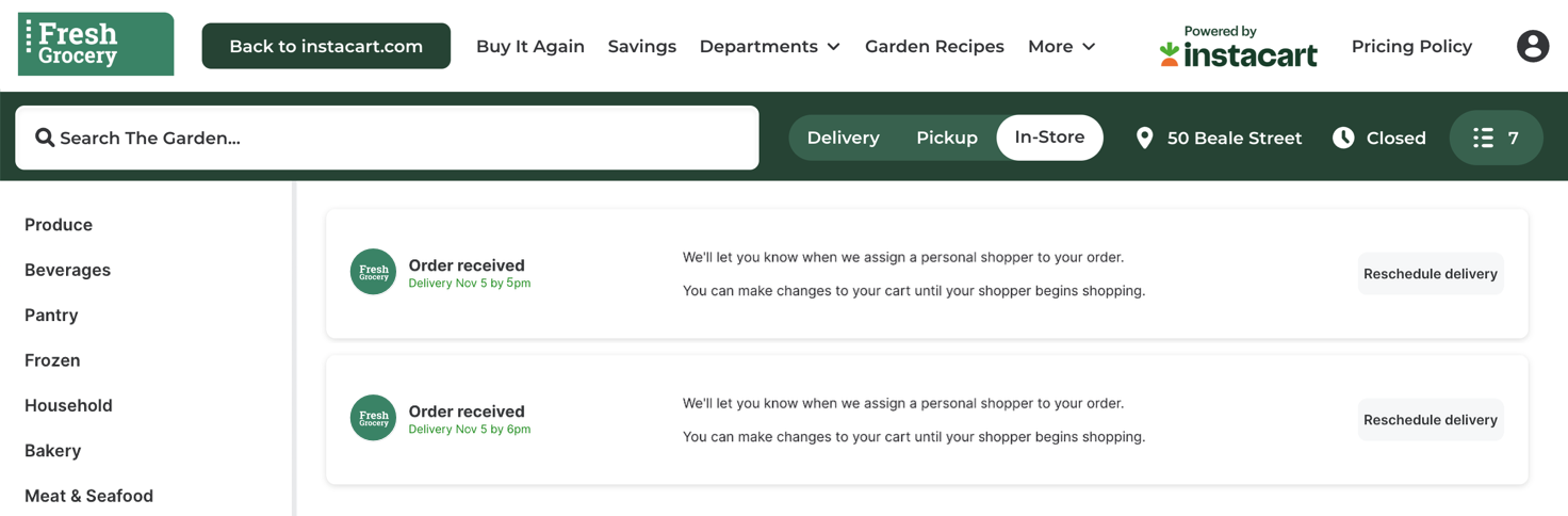 Shows the order status banner with two scheduled delivery orders in the Order received status