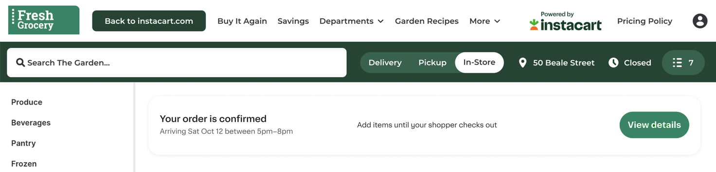 Shows the order status banner with a scheduled delivery order in the Your order is confirmed status