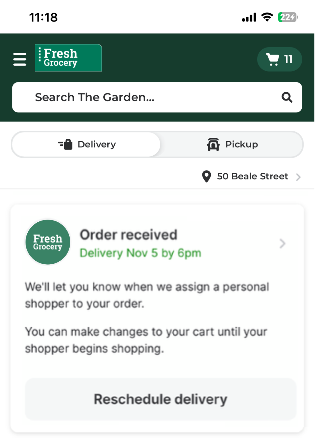 Shows the order status banner with a scheduled delivery order in the Order received status.