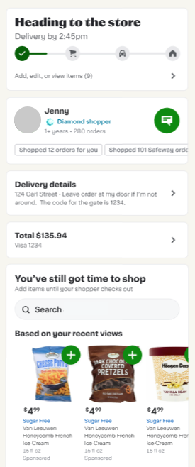 Shows the order status page with the &quot;You&#39;ve still got time to shop&quot; section. This section displays the &quot;Based on your recent views&quot; carousel.