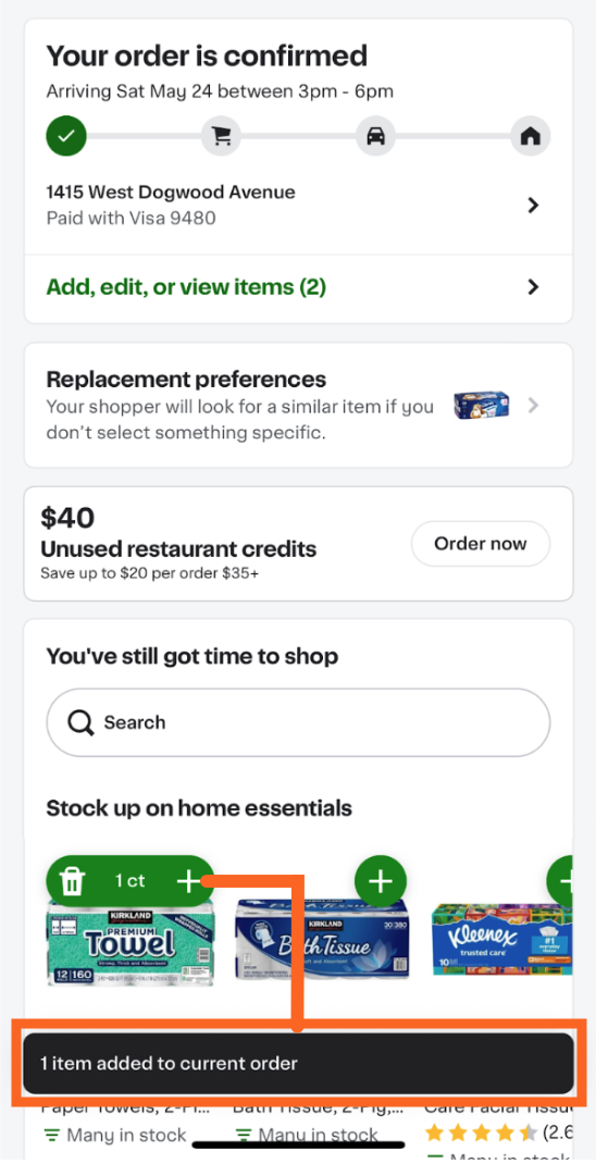Shows an order confirmation page with delivery details, replacement preferences, restaurant credits, and available shopping options. A banner confirms &quot;1 item added to current order.&quot;
