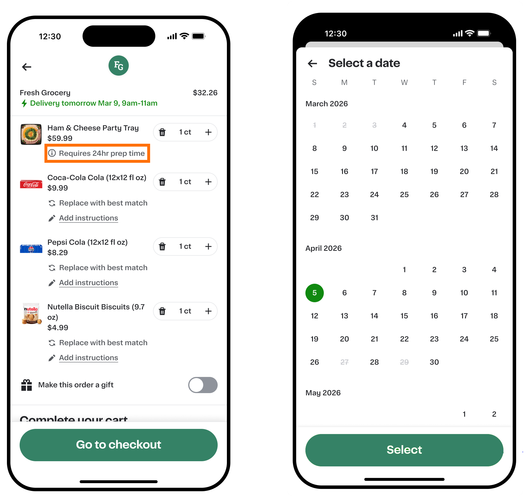 Shows two screens: a cart with the Ham &amp; Cheese Party Tray item highlighting a "Requires 24hr prep time" note, and a Select a date calendar with April 5, 2026 selected.