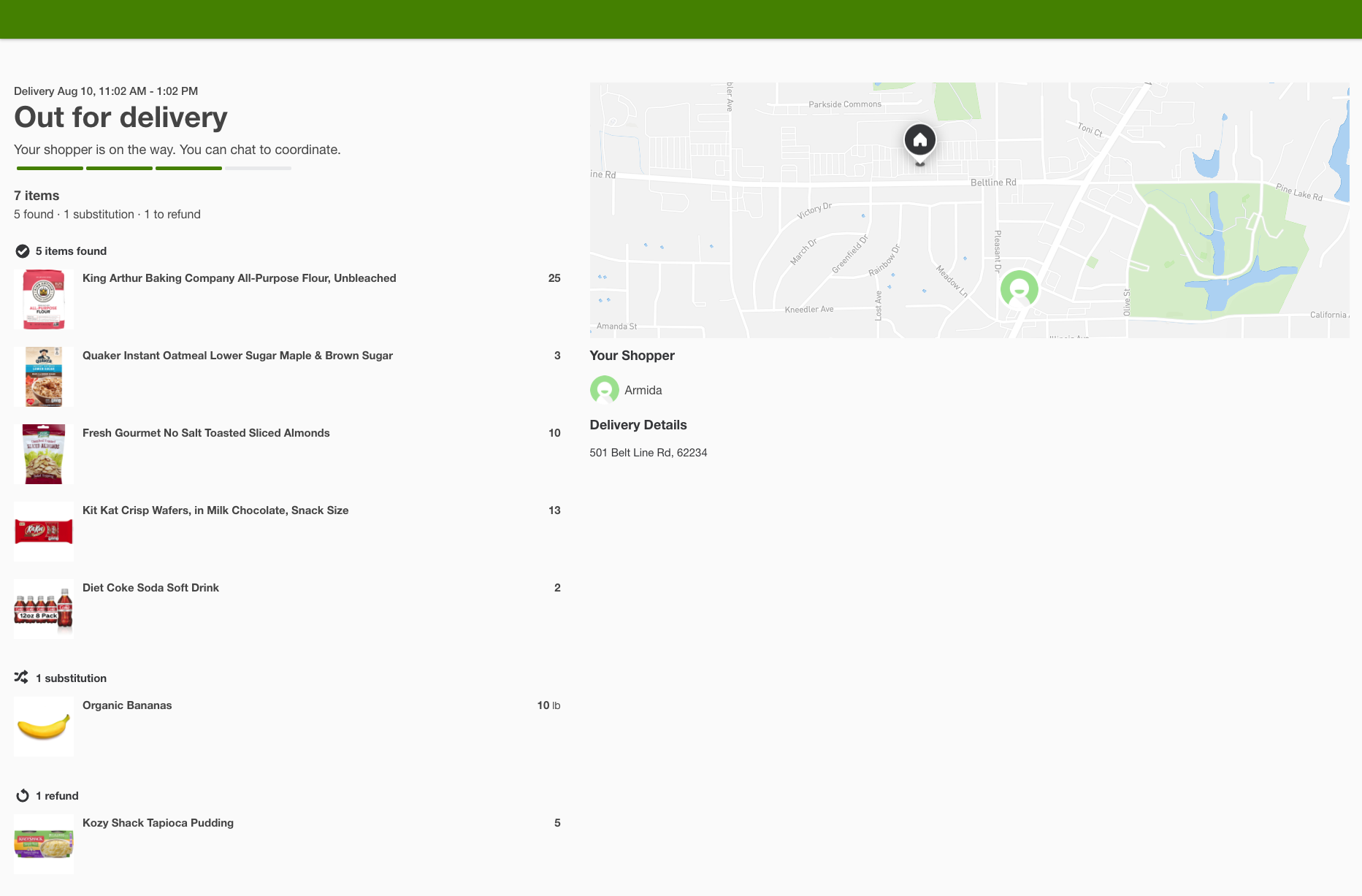 The image shows the Out for delivery page in a browser view. On the left is the delivery date and time, the status, and the items in the order with 5 found, 1 replacement, and 1 refund. On the right is the map with both the customer and shopper locations, the shopper&#39;s name Amida, and a delivery address of 501 Belt Line Rd. 62234.