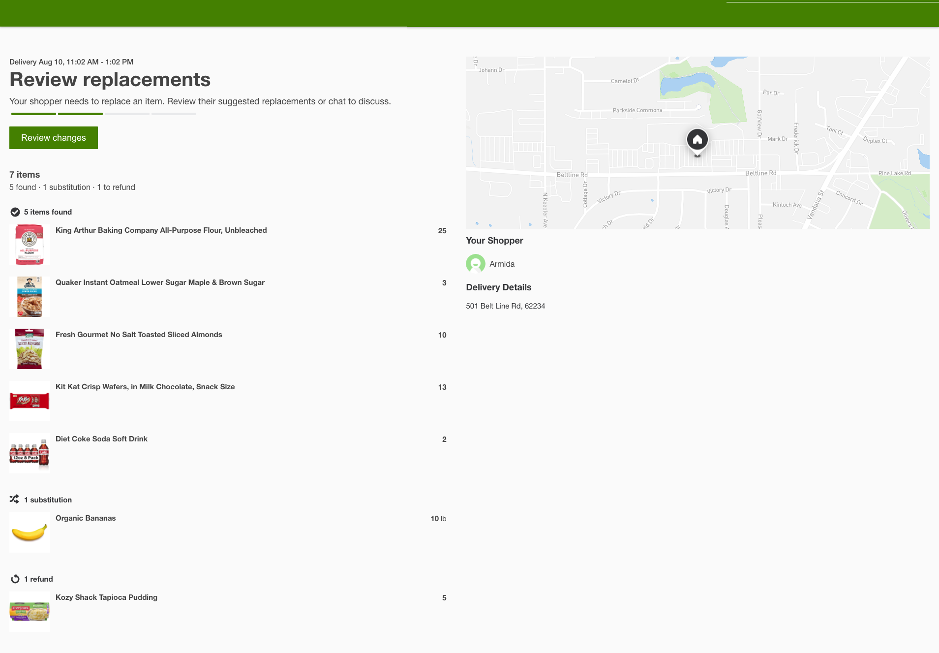 The image shows the Review replacements page in a browser view. On the left is the delivery date and time, the status, a message inviting the customer to review replacements, and the items in the order with 5 found, 1 replacement, and 1 refund. On the right is the map with the customer location, the shopper&#39;s name Amida, and a delivery address of 501 Belt Line Rd. 62234.