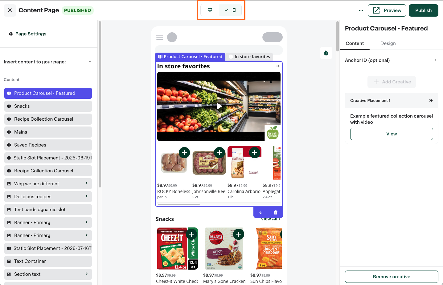 Shows a content page editor in Instacart Platform Portal with the device toggle set to mobile. The canvas shows a featured product carousel with a video cover image and product cards below it. The left panel lists the page sections, and the right panel shows the Content tab for the selected Product Carousel Featured component.