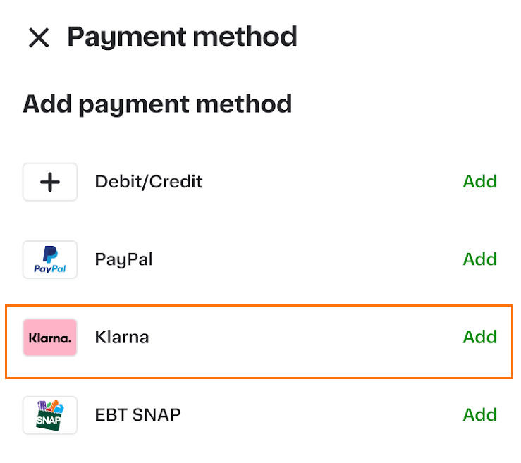 Shows the Payment method section with the Debit/Credit, PayPal, Klarna, and EBT SNAP options. The Klarna option is highlighted.