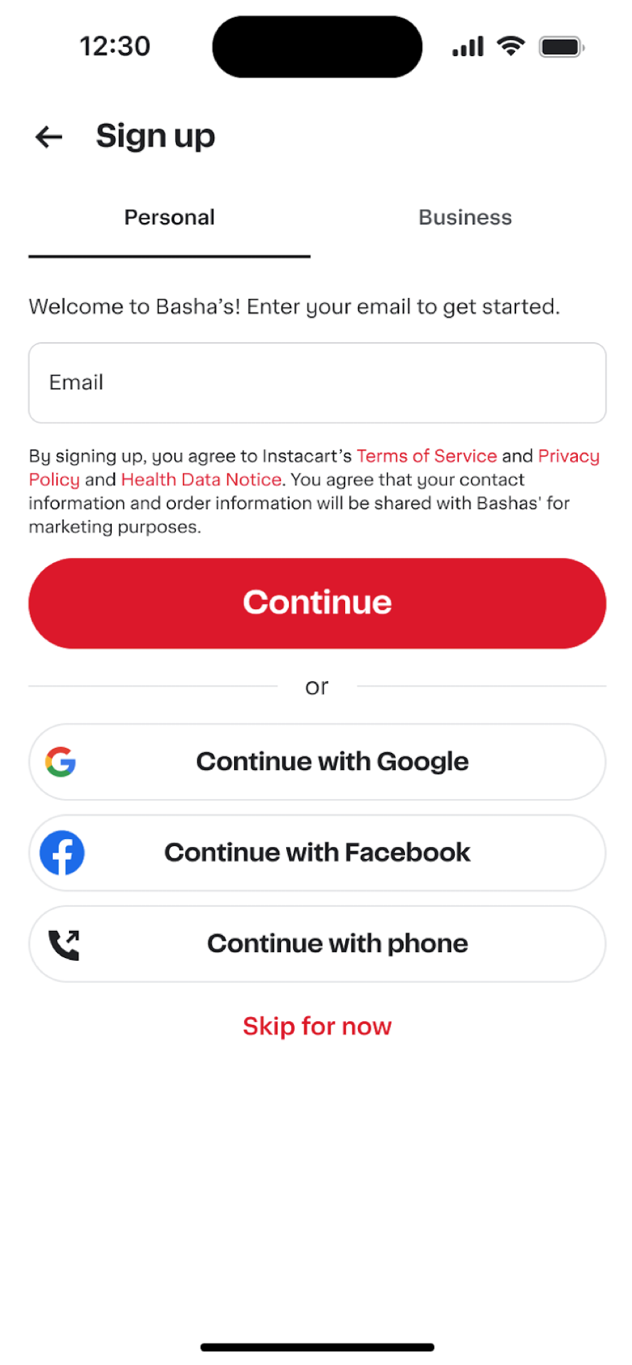 Shows a sign-up page with options for Personal or Business, an email input field, a Continue button, alternate sign-in options, and a Skip for now link.