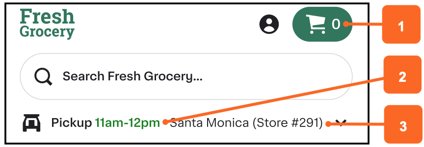 Shows the storefront header on mobile web with the Pickup shopping context selected. Callout number 1 points to the cart button that includes a shopping cart icon. Callout number 2 points to the earliest available time slot for pickup. Callout number 3 points to the store address and store name.