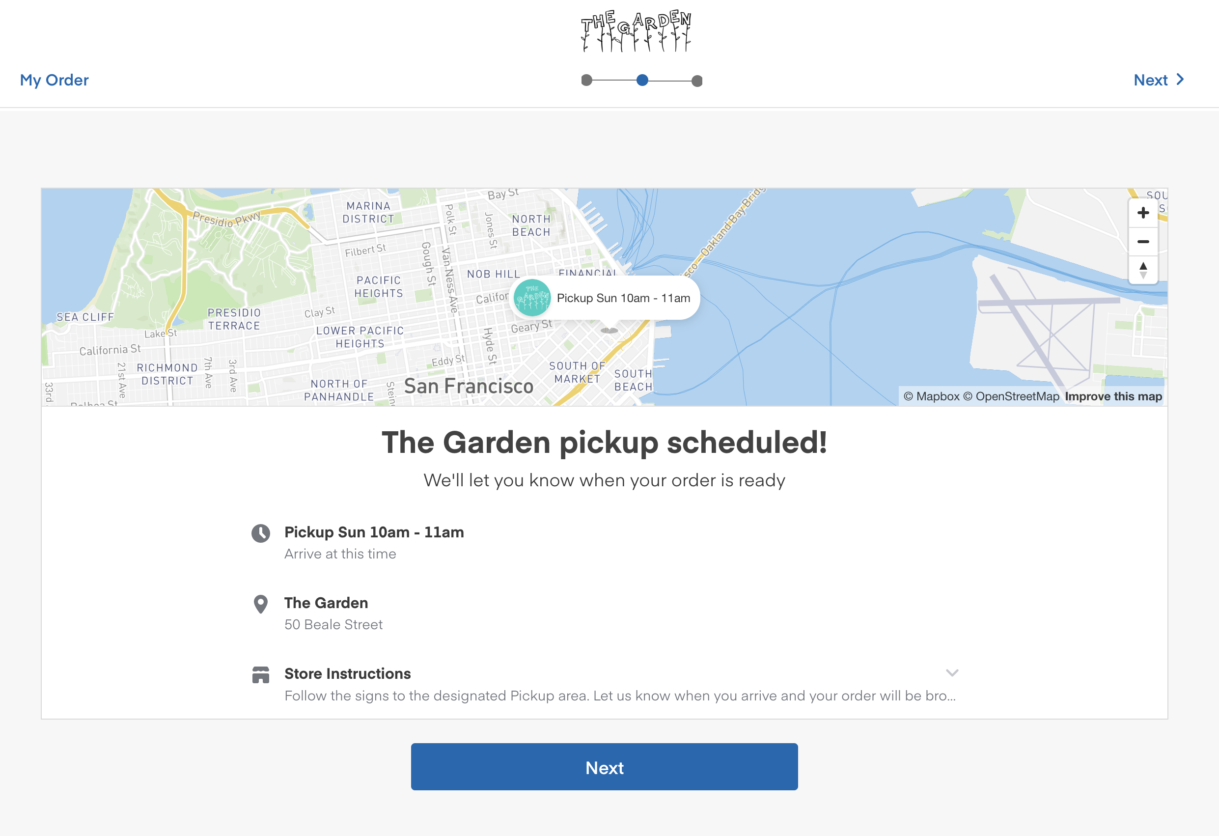 Shows the pickup confirmation page with a pickup scheduled for Sunday between 10am and 11am at The Garden.