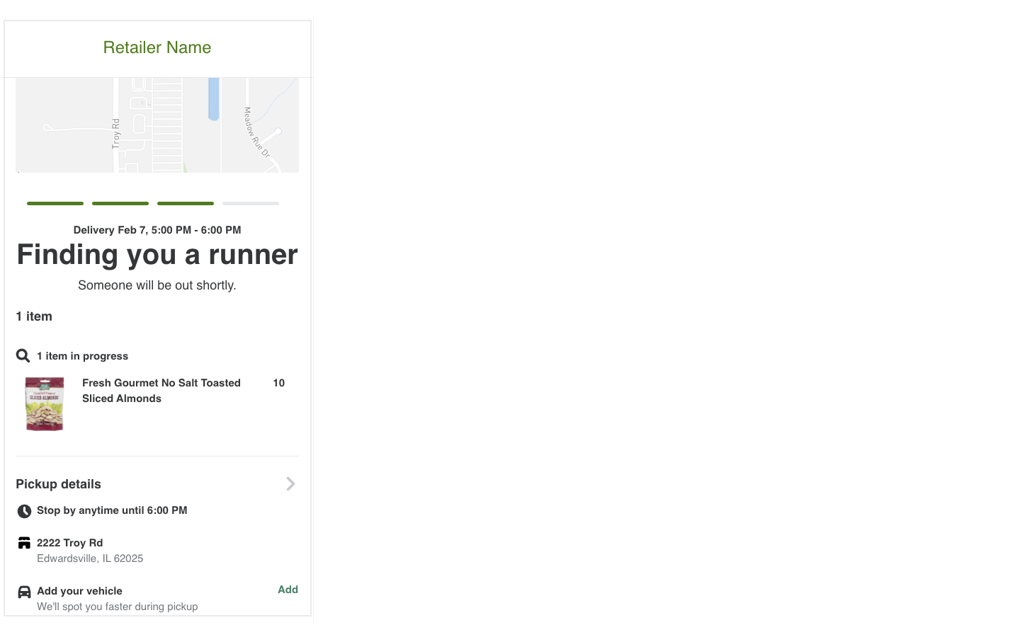 The image shows the title &quot;Finding you a runner&quot; and the text &quot;Someone will be out shortly.&quot;