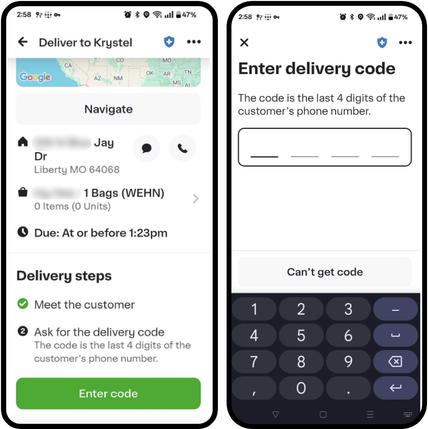 Shows a Shopper app that displays delivery details and the process for handing over an order. The first screen lists the address, the number of bags, the delivery due time, and the delivery steps. The second screen asks users to enter the 4-digit delivery code, with a keypad and a &#39;Can&#39;t get code&#39; button.
