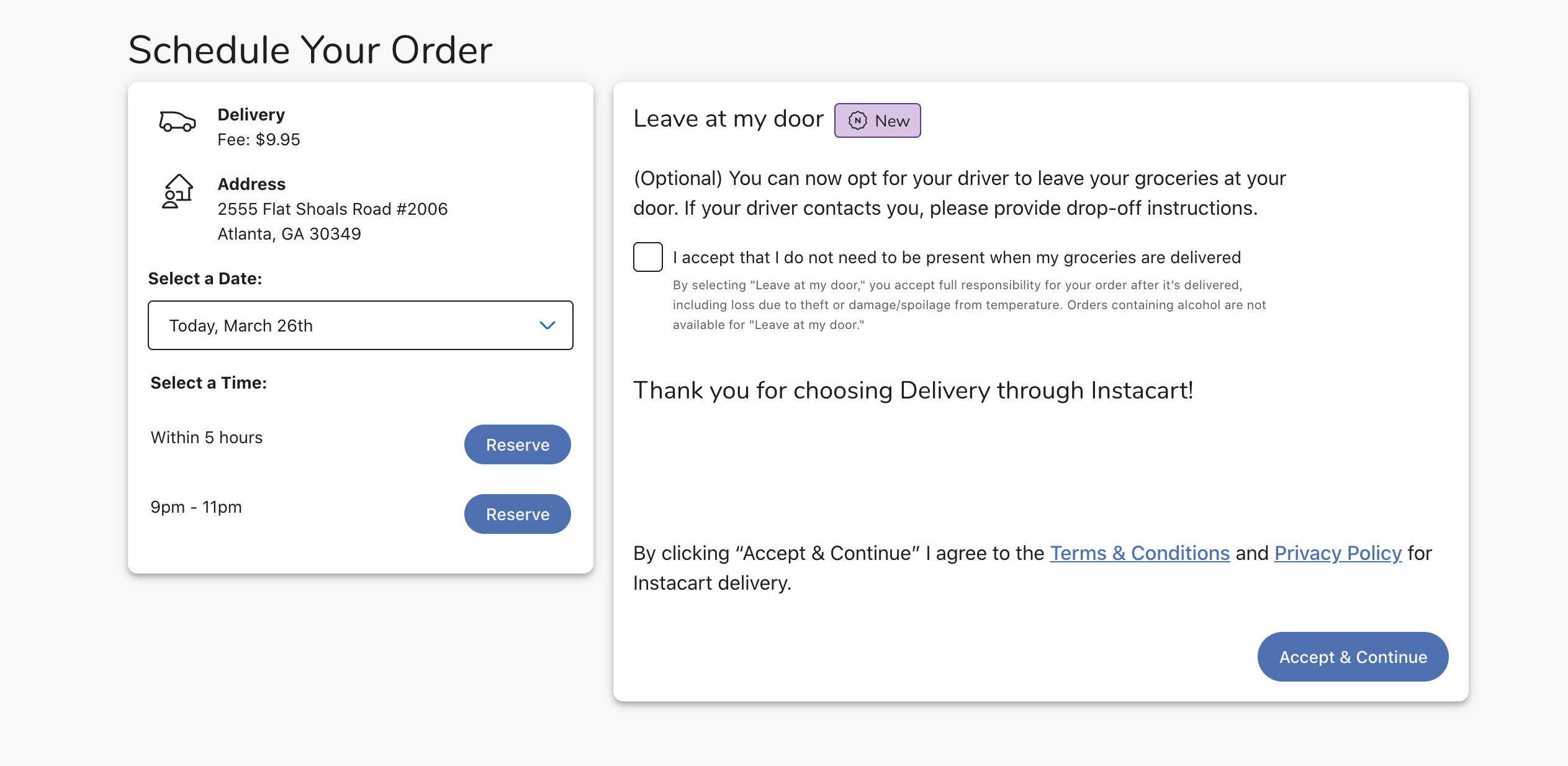 On the Schedule Your Order page, the text is placed above the acceptance button.