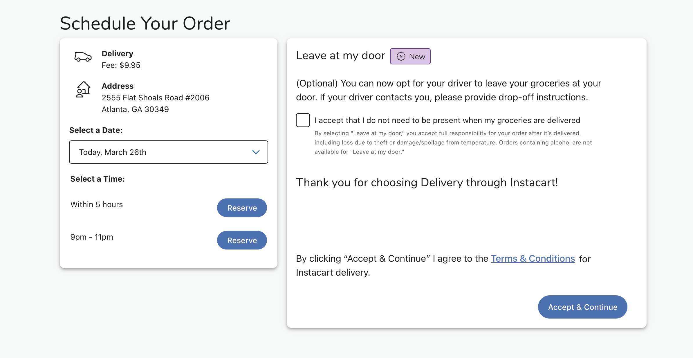 On the Schedule Your Order page, the text is placed above the acceptance button.