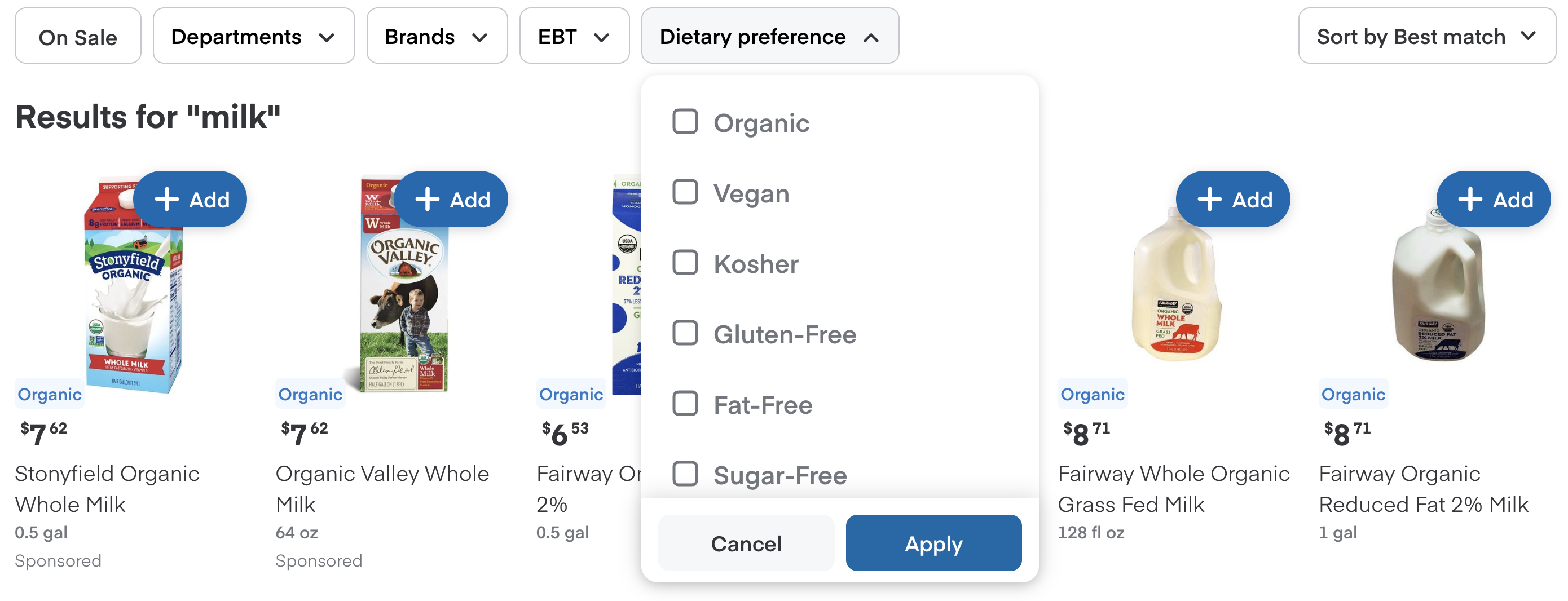 Shows the search results page with a Dietary Preference filter.