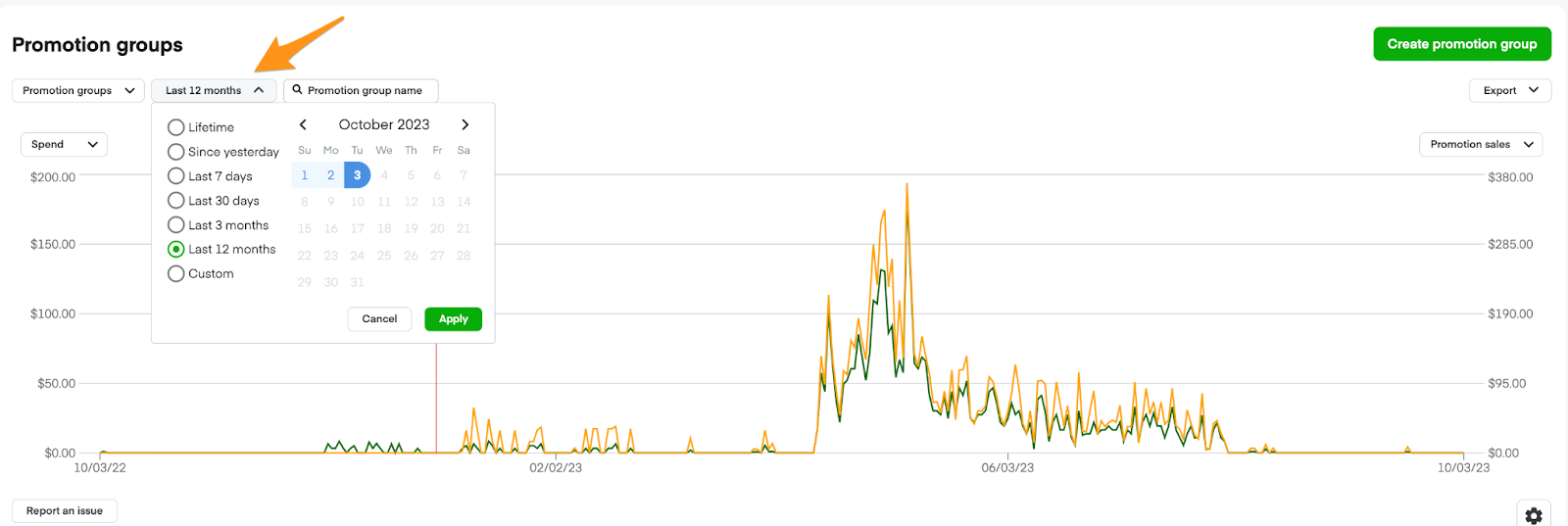 Shows the promotion filtering option