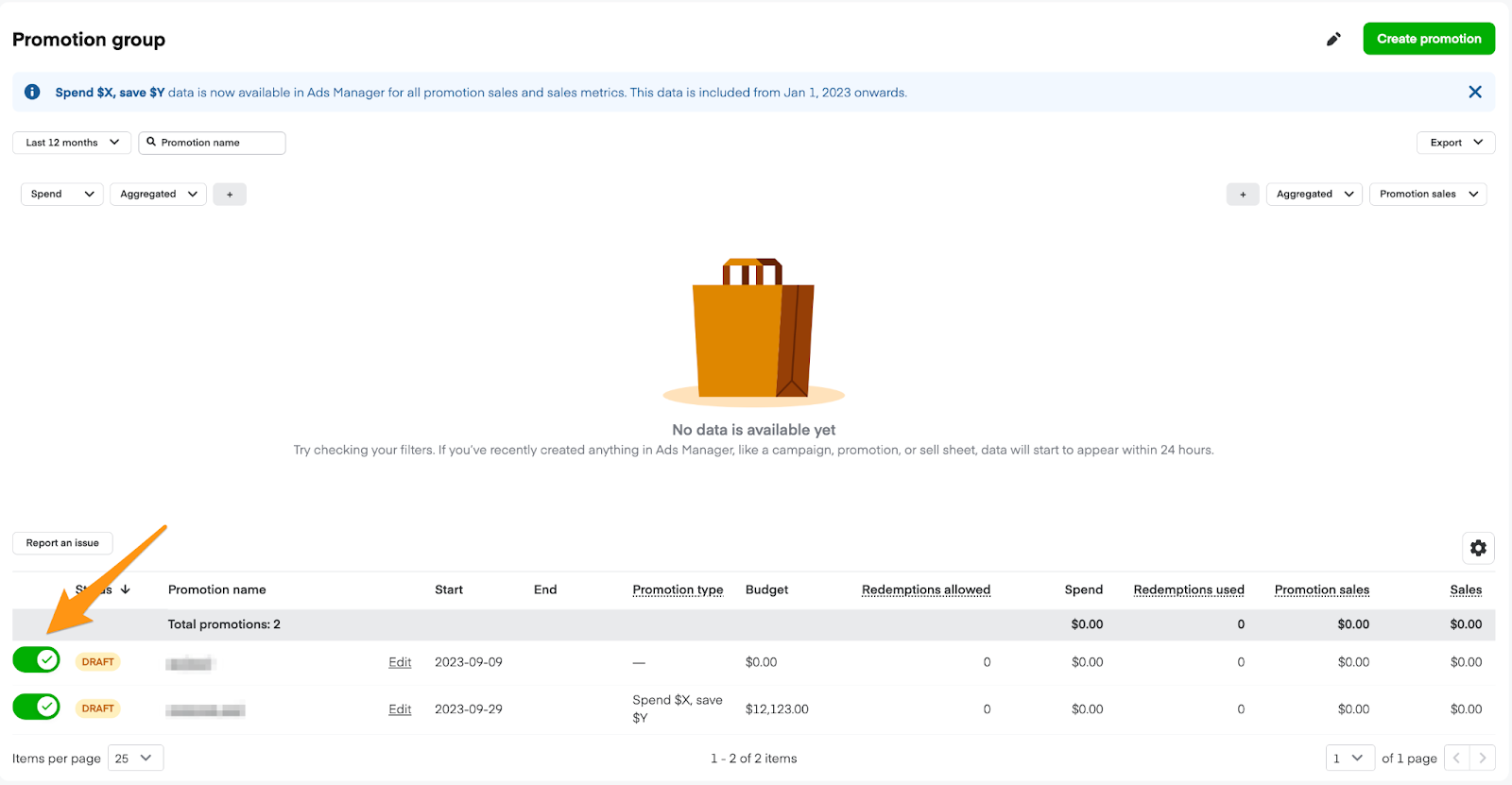 Shows the toggle next to promotion name