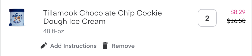 Shows an item with a quantity of 2, which qualifies for the buy-one-get-one promotion. The price for 2 items is struck out, and the discounted price is the same as the price for 1 item. 