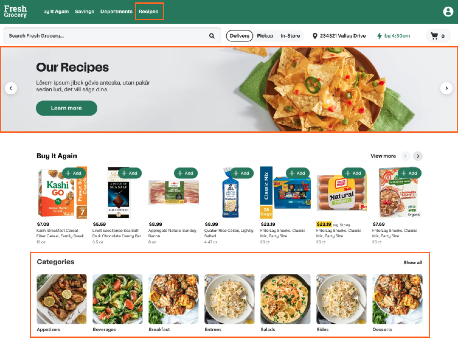 Shows a custom home page with the following areas annotated: a recipes link in the custom header, a recipes banner carousel, and a recipes categories carousel.