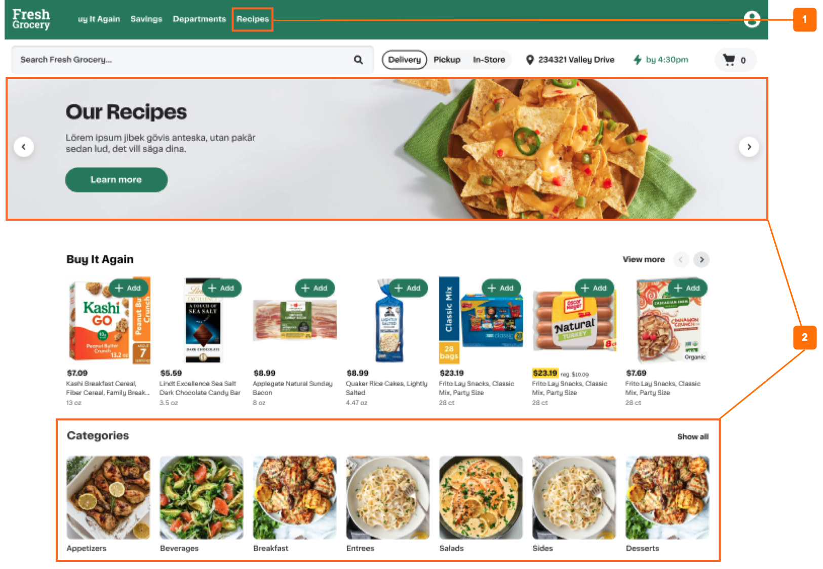 Shows a custom home page with the following areas annotated: a recipes link in the custom header, a recipes banner carousel, and a recipes categories carousel.