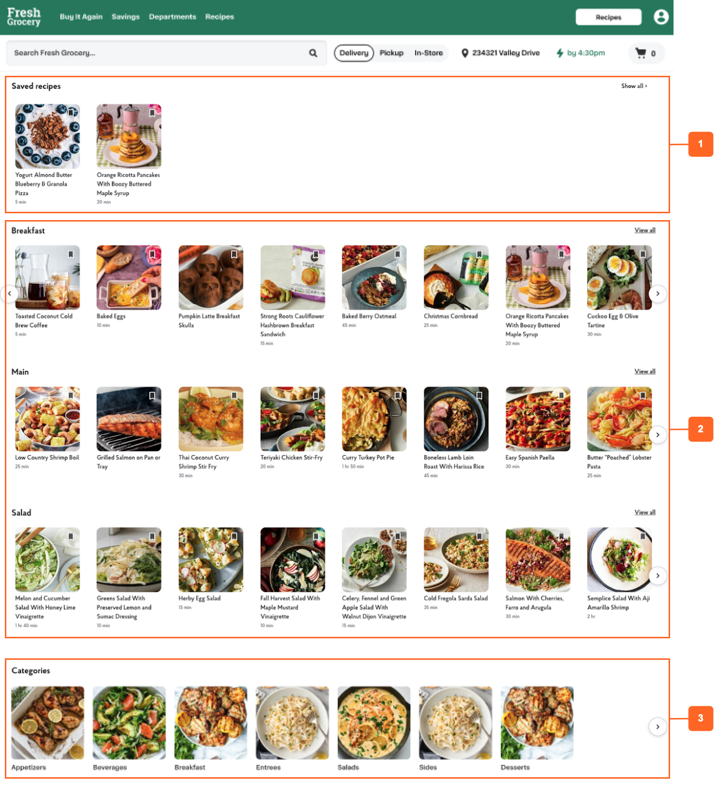 Shows a recipes page with sections for saved recipes, breakfast recipes, main recipes, salad recipes, and categories of recipes.