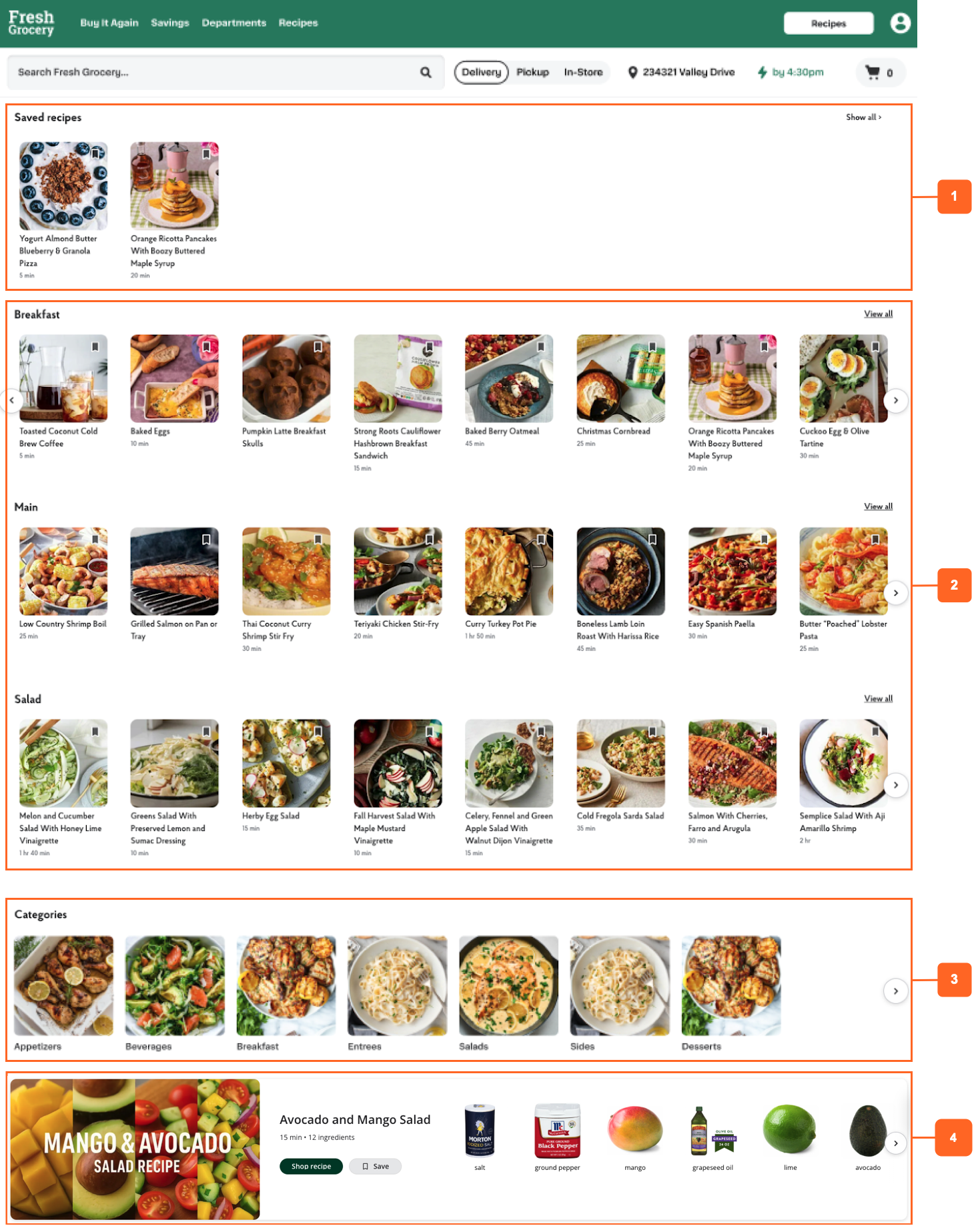 Shows a recipes page with sections for saved recipes, breakfast recipes, main recipes, salad recipes, and categories of recipes.