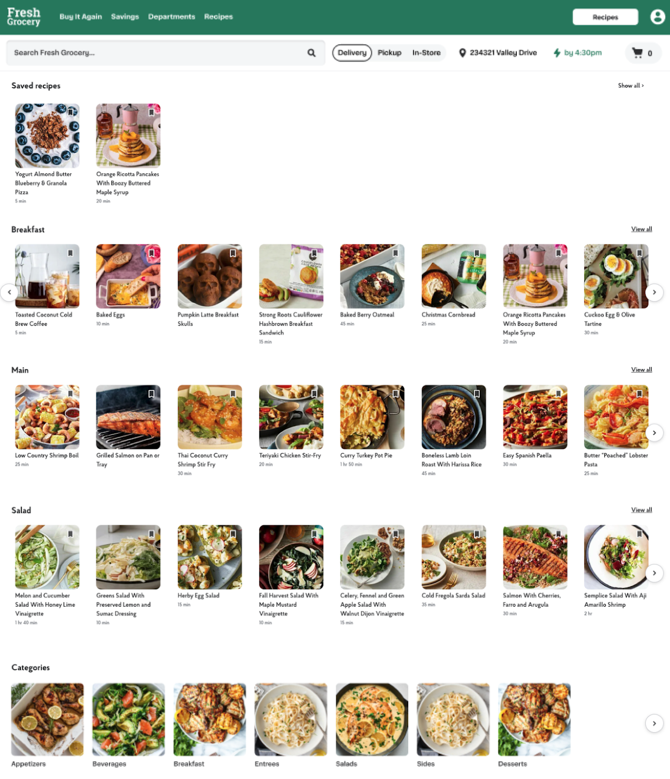 Shows a recipes page with sections for saved recipes, breakfast recipes, main recipes, salad recipes, and categories of recipes.