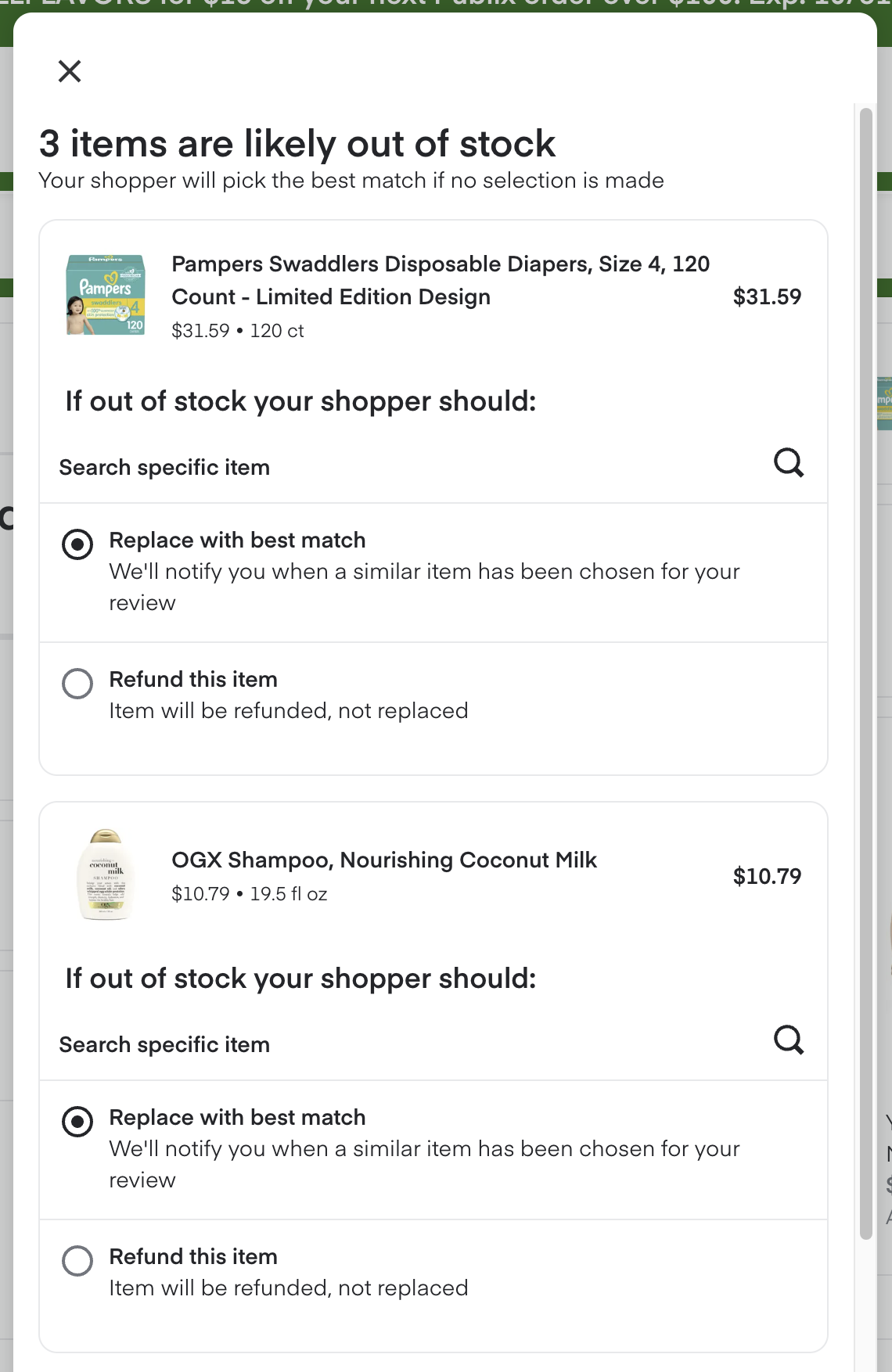 Shows an out-of-stock notification for three items: diapers, shampoo, and mayonnaise. There are options for each item to search for a specific item, replace with best match, or refund. The replacements prompt appears in a dialog.