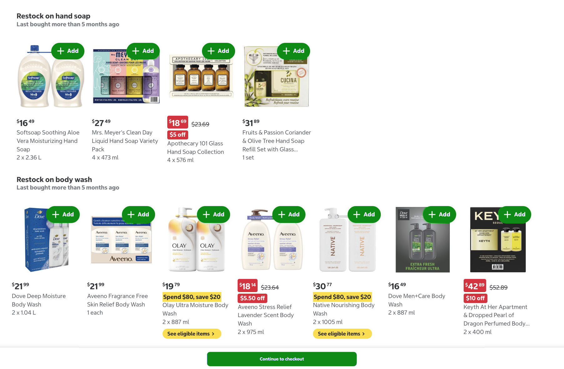 Shows two restock reminder carousels on the checkout aisle: "Restock on hand soap" and "Restock on body wash." Each carousel has a "Last bought more than 5 months ago" subtitle and item cards with an Add button.