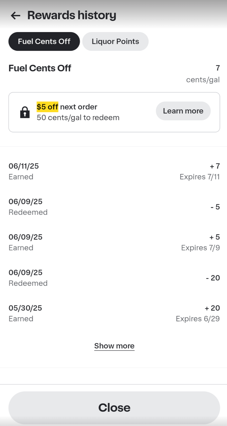 Shows a Rewards history page for Fuel Cents off with a list of points earned and redeemed from May 30 to June 11. It also shows when some points expire.