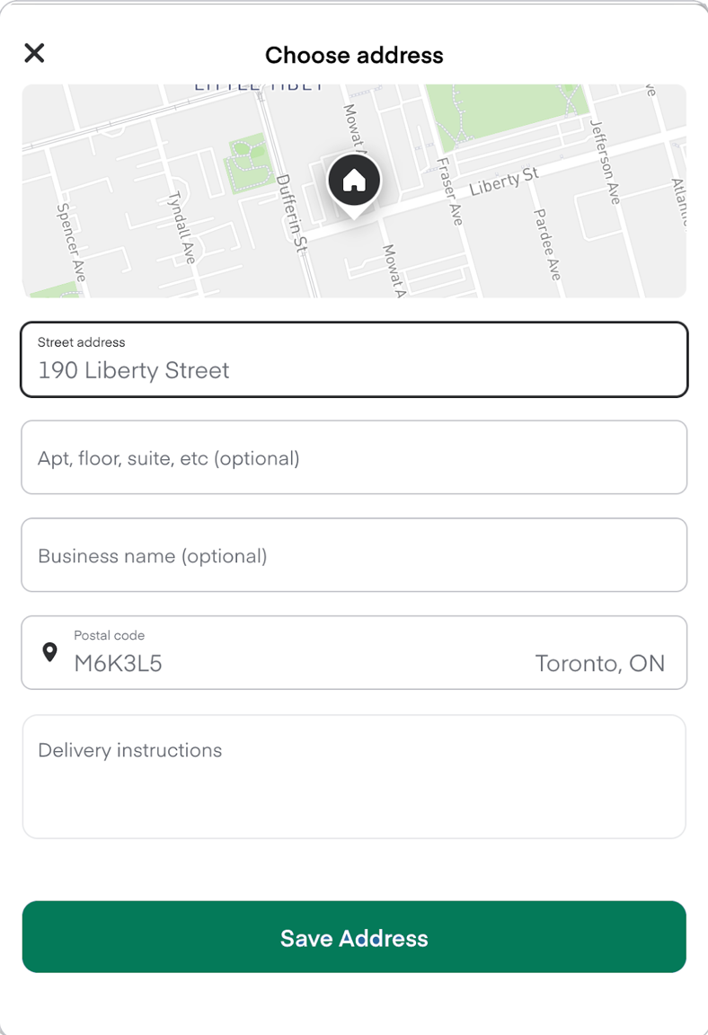Shows an address entry form with a map at the top marking the location, &quot;Street address&quot; pre-filled with &quot;190 Liberty Street&quot;, optional fields: &quot;Apt, floor, suite, etc&quot; and &quot;Business name&quot;, &quot;Postal code&quot; set to &quot;M6K3L5, Toronto, ON&quot;, a &quot;Delivery instructions&quot; text box, and a green Save Address button.