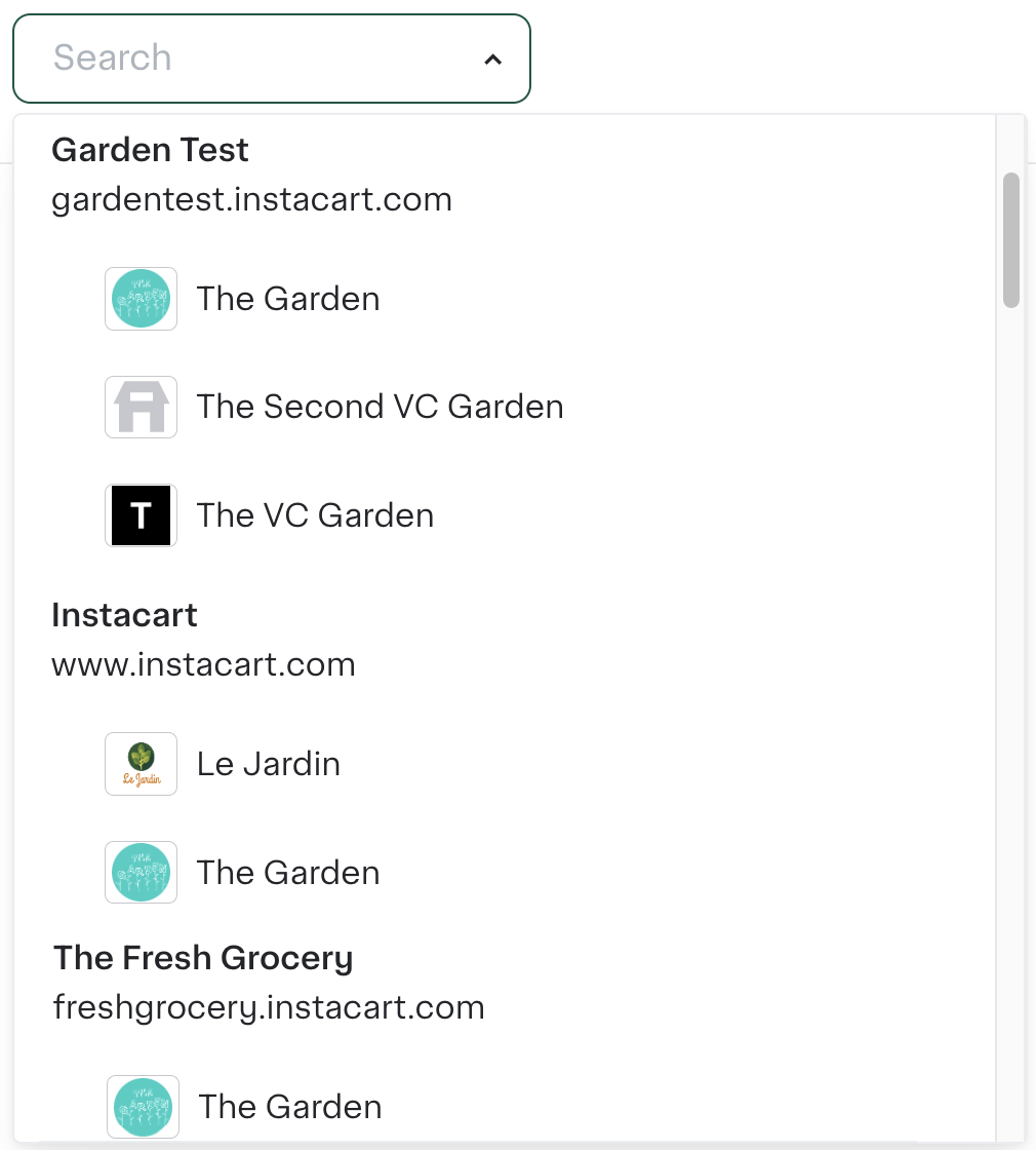 Shows a dropdown menu with grouped site options. Site options include Garden Test, Instacart, and The Fresh Grocery. Each site group lists associated banners with their respective logos.