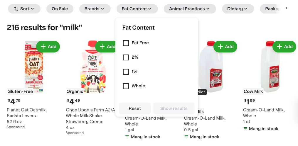 Shows a storefront with search results for &quot;milk.&quot; Filters like Fat Content are available. Products include oat milk, organic milkshake, and cow milk.