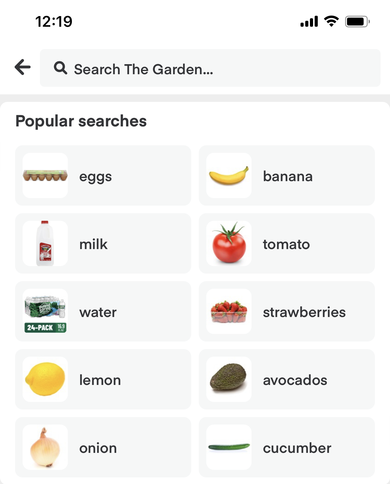 Shows the search bar with a list of popular search terms.