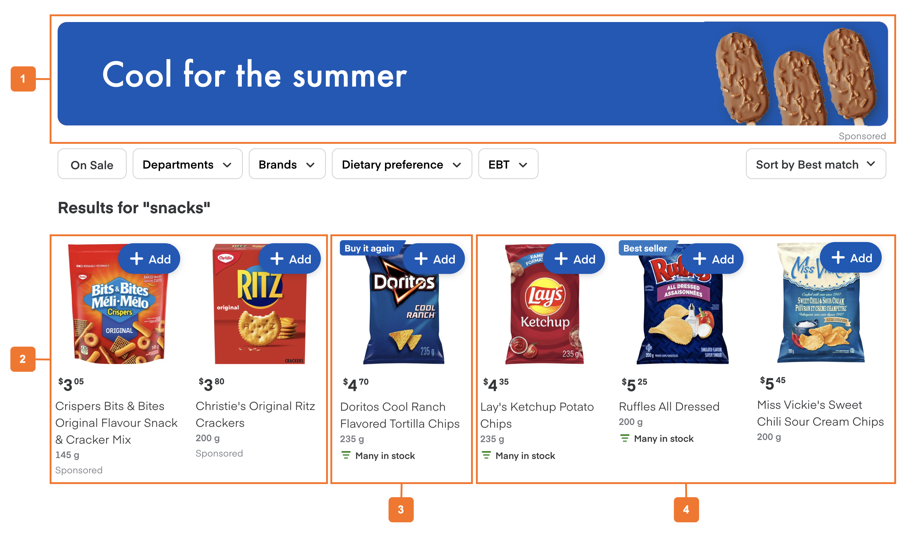 Shows the search results page. A banner appears at the top. Two products appear after the banner with the &quot;Sponsored&quot; label in the item tile. Then, a product with the &quot;Buy it again&quot; label. Then, three products appear without any labels.