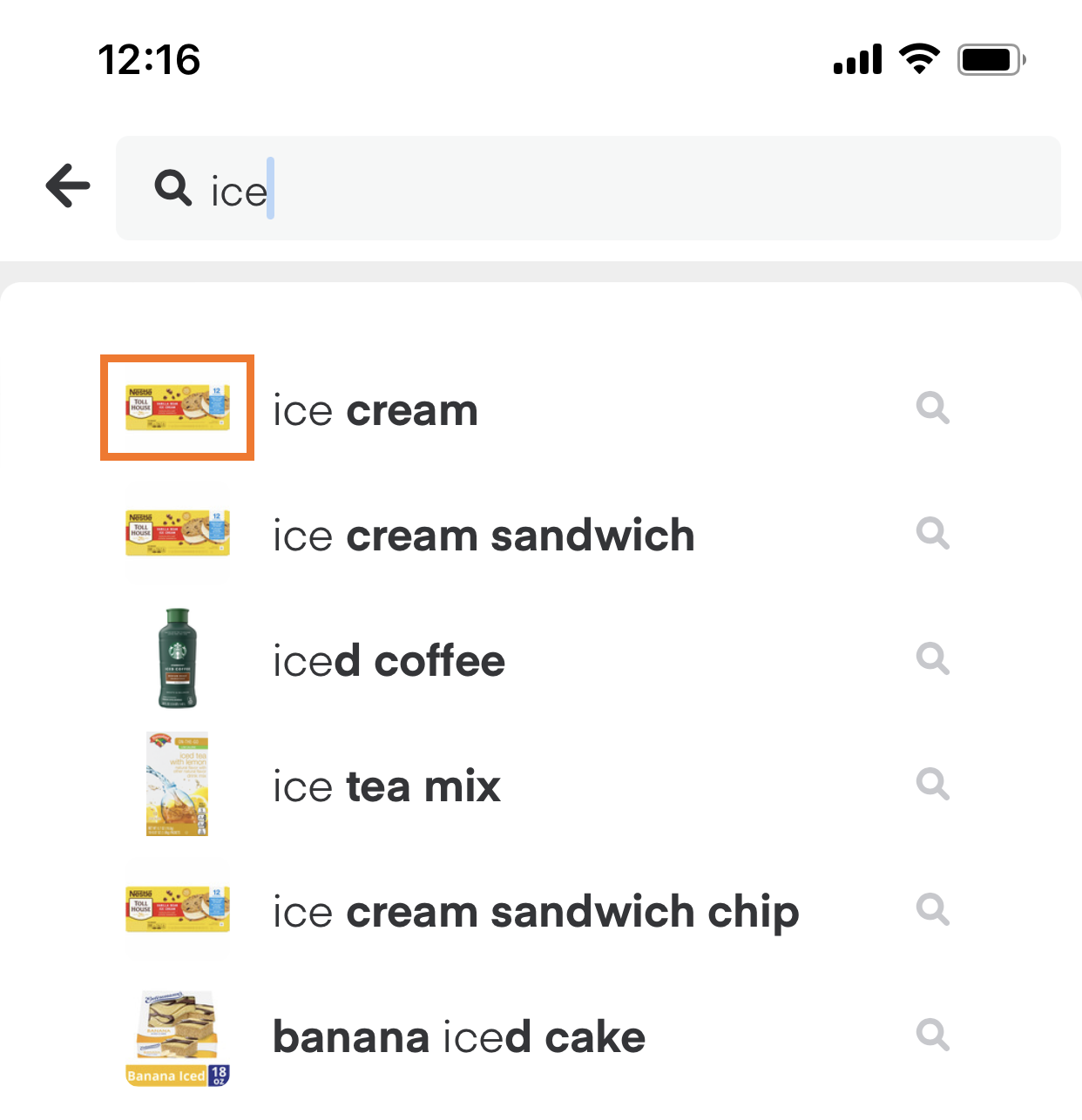 Shows the search bar with suggestions for the term “ice”. Thumbnails appear next to each suggested search term.