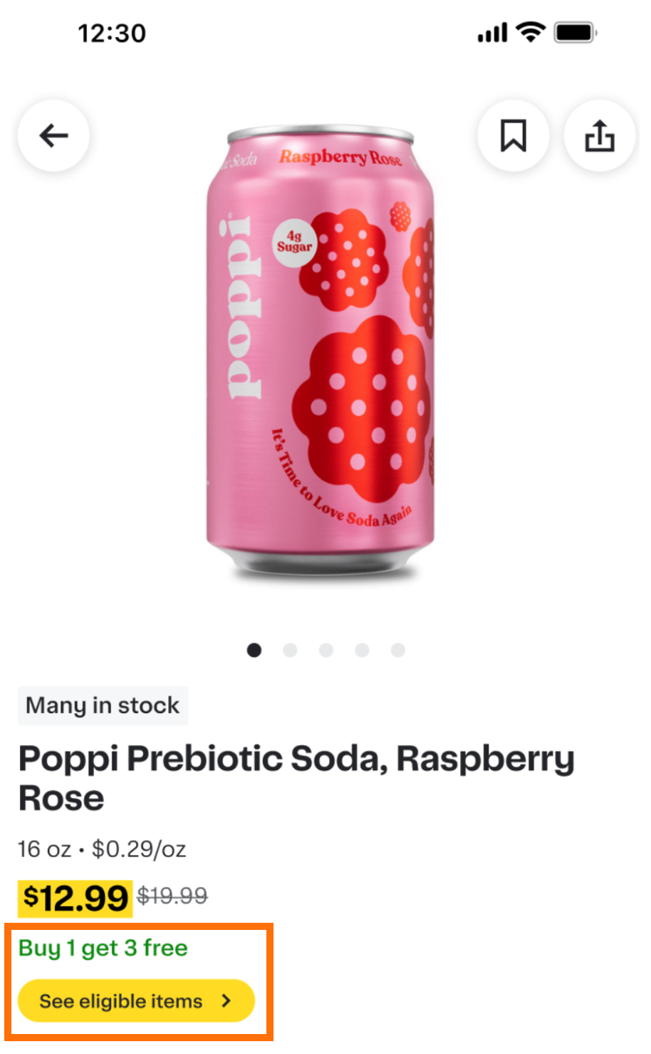 Shows a product page for raspberry rose flavored soda with pricing, a promotion labeled &quot;Buy 1 get 3 free,&quot; and a button to view eligible items..