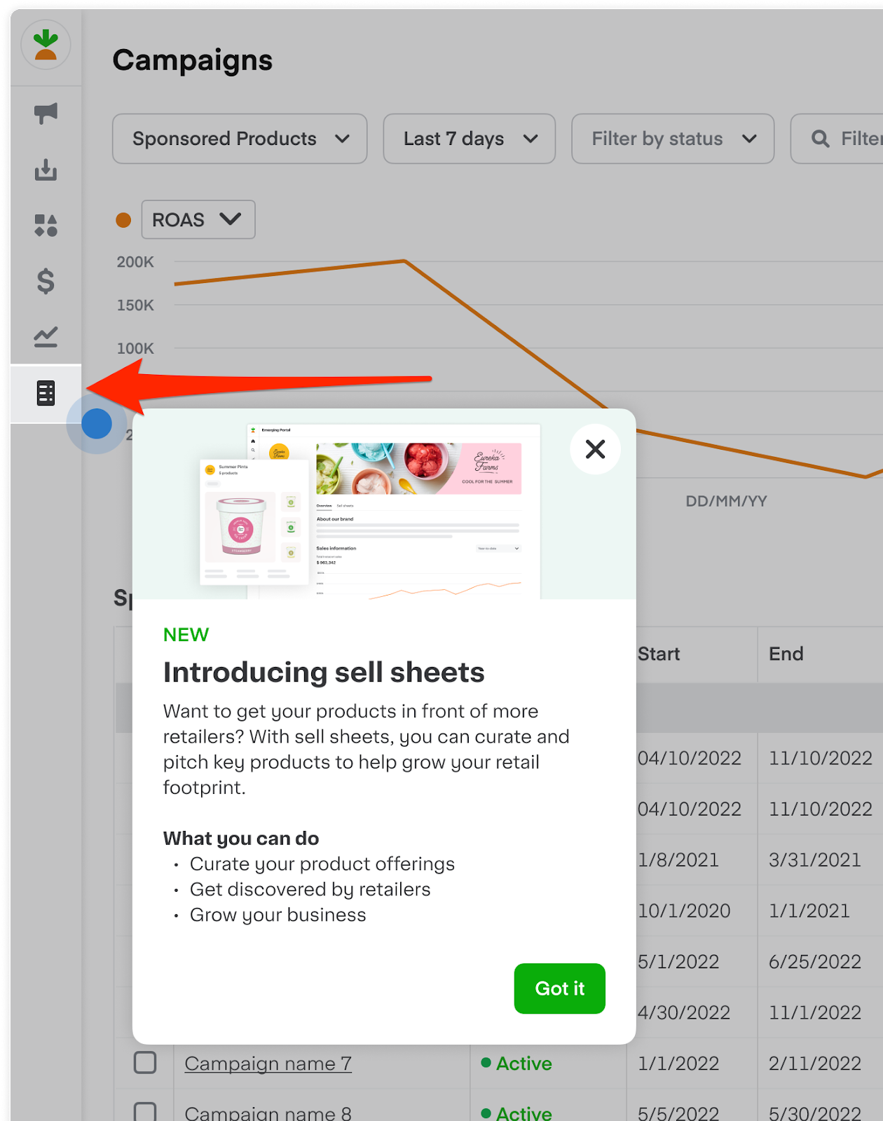 Shows sell sheets in navigation