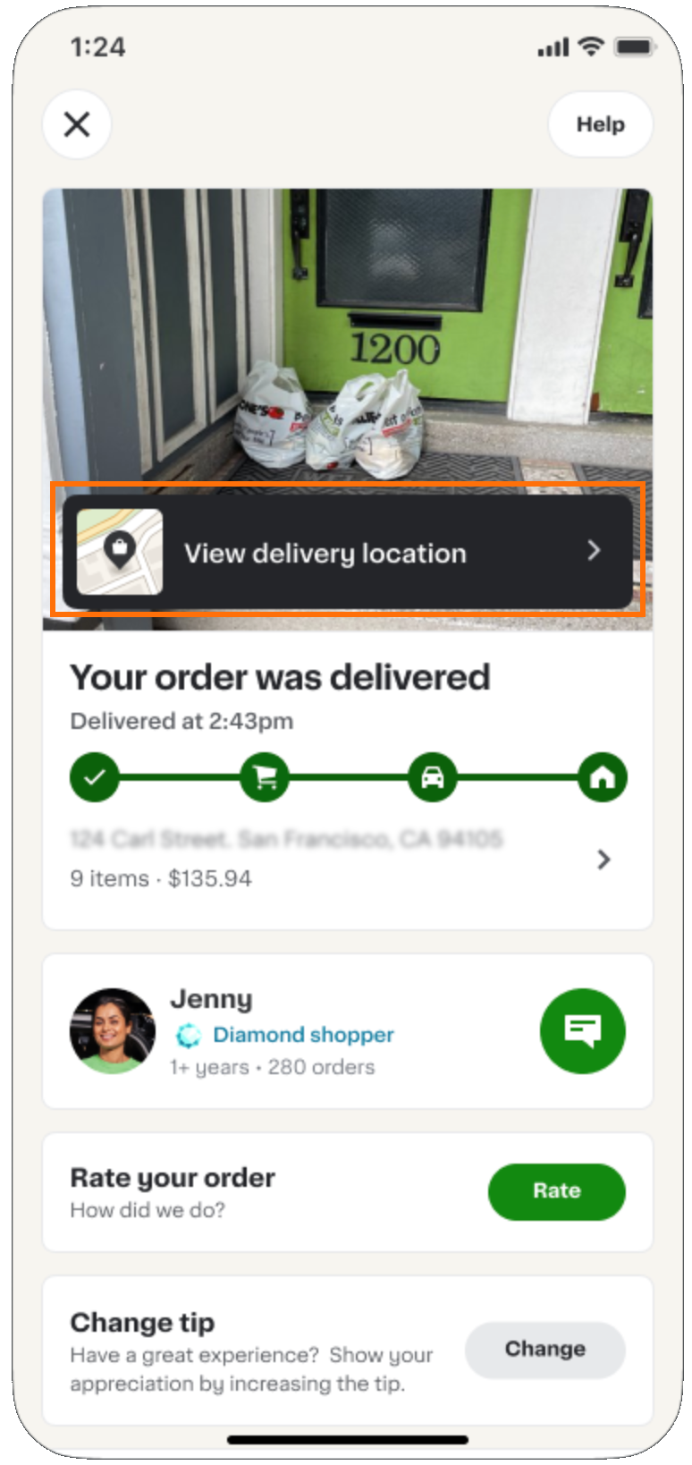 Shows a highlighted "View delivery location" button. Text reads "Your order was delivered" and "Delivered at 2:43pm," with a progress tracker showing all four stages complete.