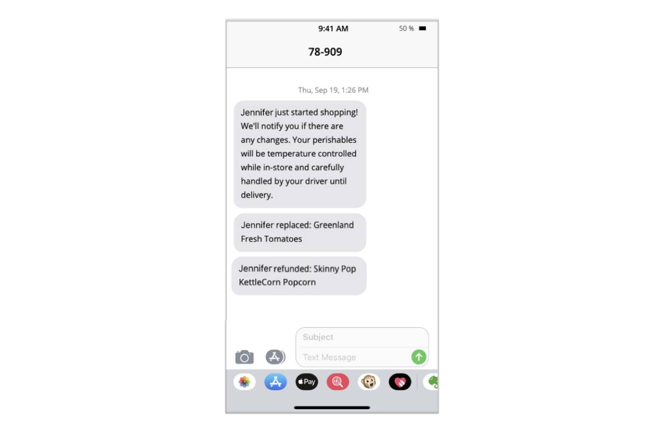 The image shows two automated SMS messages sent to a customer when a replacement or refund is made. The replacement message is &quot;Replaced: Greenland Fresh Tomatoes.&quot; The refund message is &quot;Refunded: Skinny Pop KettleCorn Popcorn.&quot;