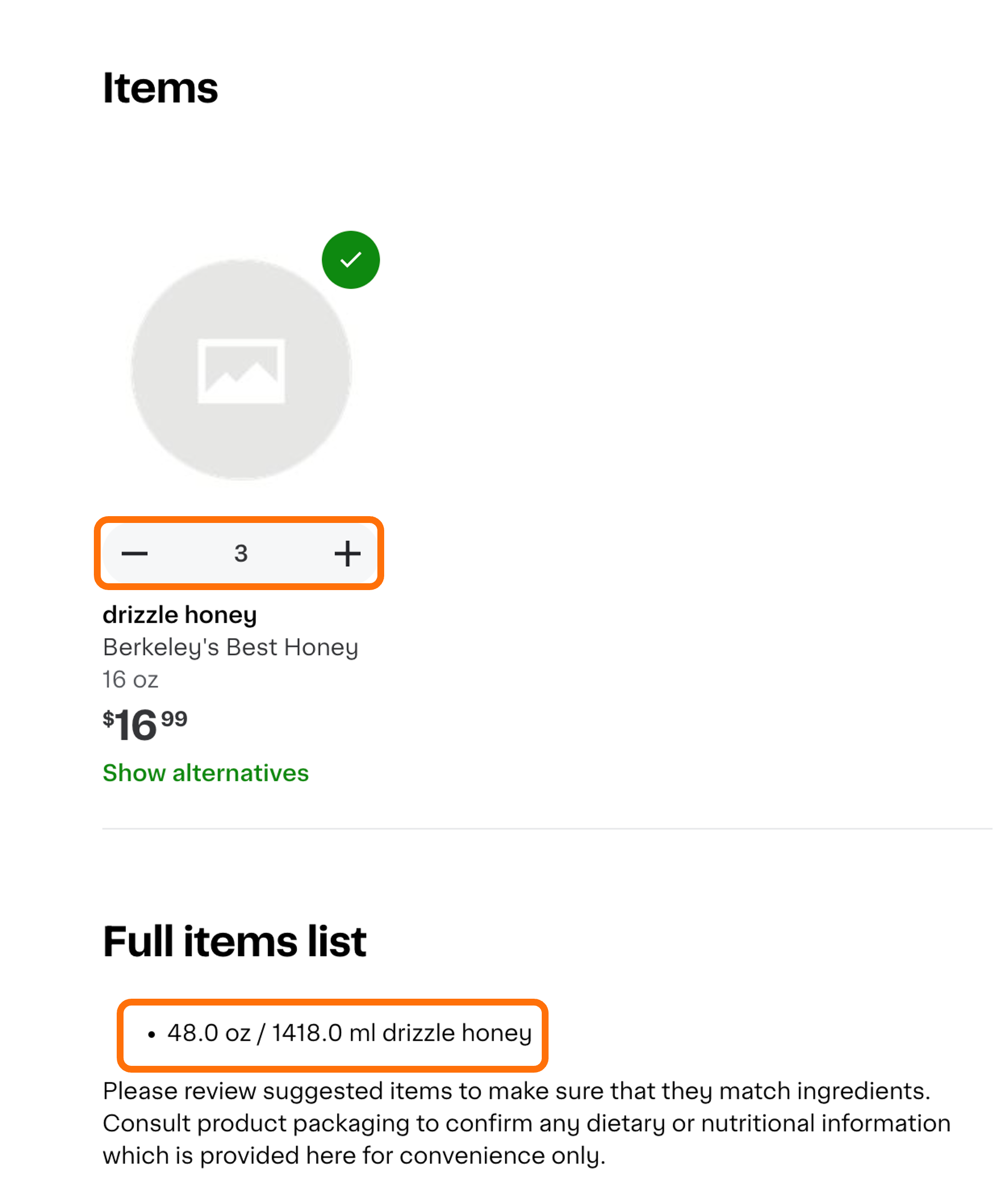 Image of a create a Shopping list page with multiple measurements highlighted