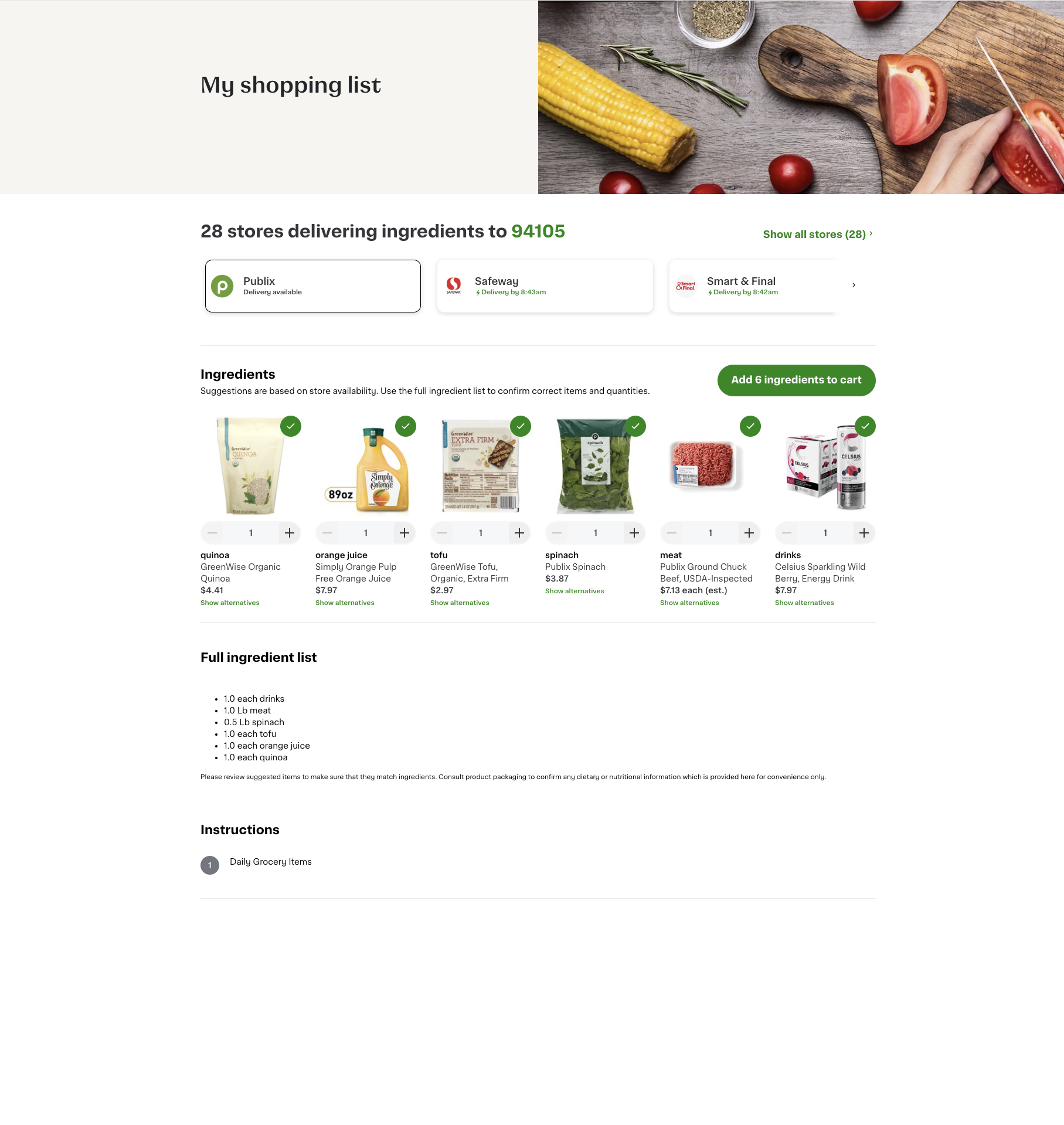 Shows a shopping list page with a list of shoppable items.