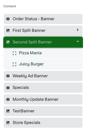 Shows a list of slot names with expandable menus. &quot;Second Split Banner&quot; is expanded, revealing the &quot;Pizza Mania&quot; and &quot;Juicy Burger&quot; creatives.