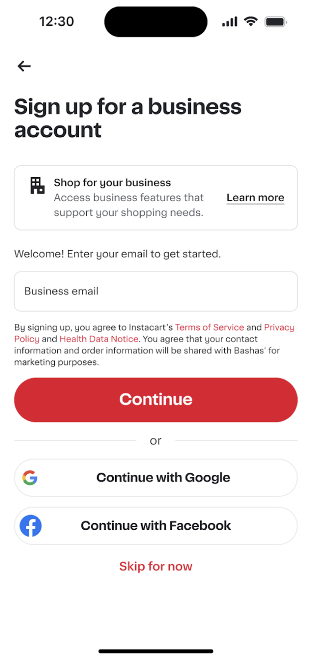 Shows a Sign up for a business account page with an email input field, a red Continue button, options to continue with Google or Facebook, and a Skip for now link.
