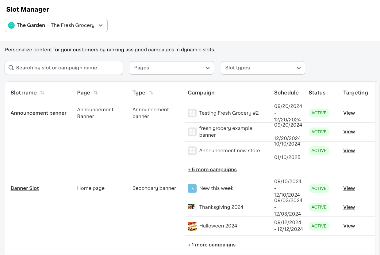 Shows the Slot manager tool for The Fresh Grocery, listing announcement and banner slots with campaigns like &quot;Testing Fresh Grocery #2&quot; and &quot;Thanksgiving 2024.&quot; All campaigns are active with schedules and targeting options.