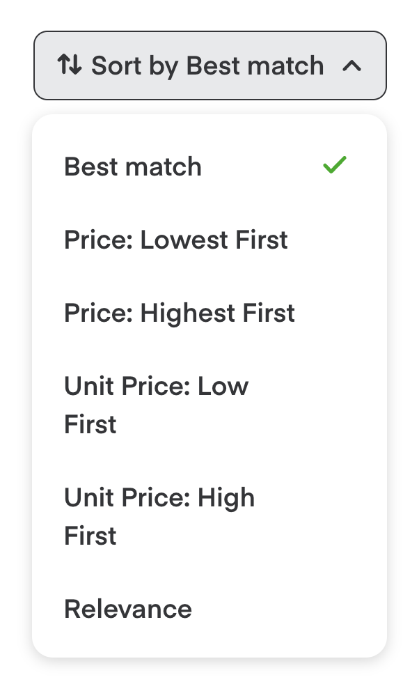 Shows the sort group with the following options: Best match, Price: Lowest First, Price: Highest First, Unit Price: Low First, Unit Price: High First, and Relevance.