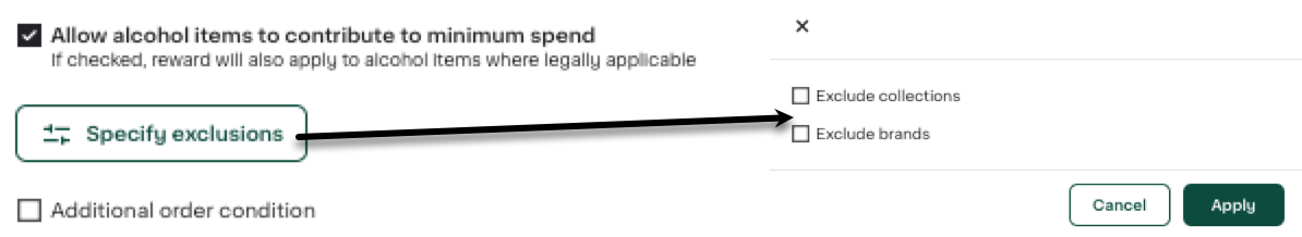 Shows the Specify exclusions button when clicked displays a dialog with Exlude collections and Exclude brands checkboxes.
