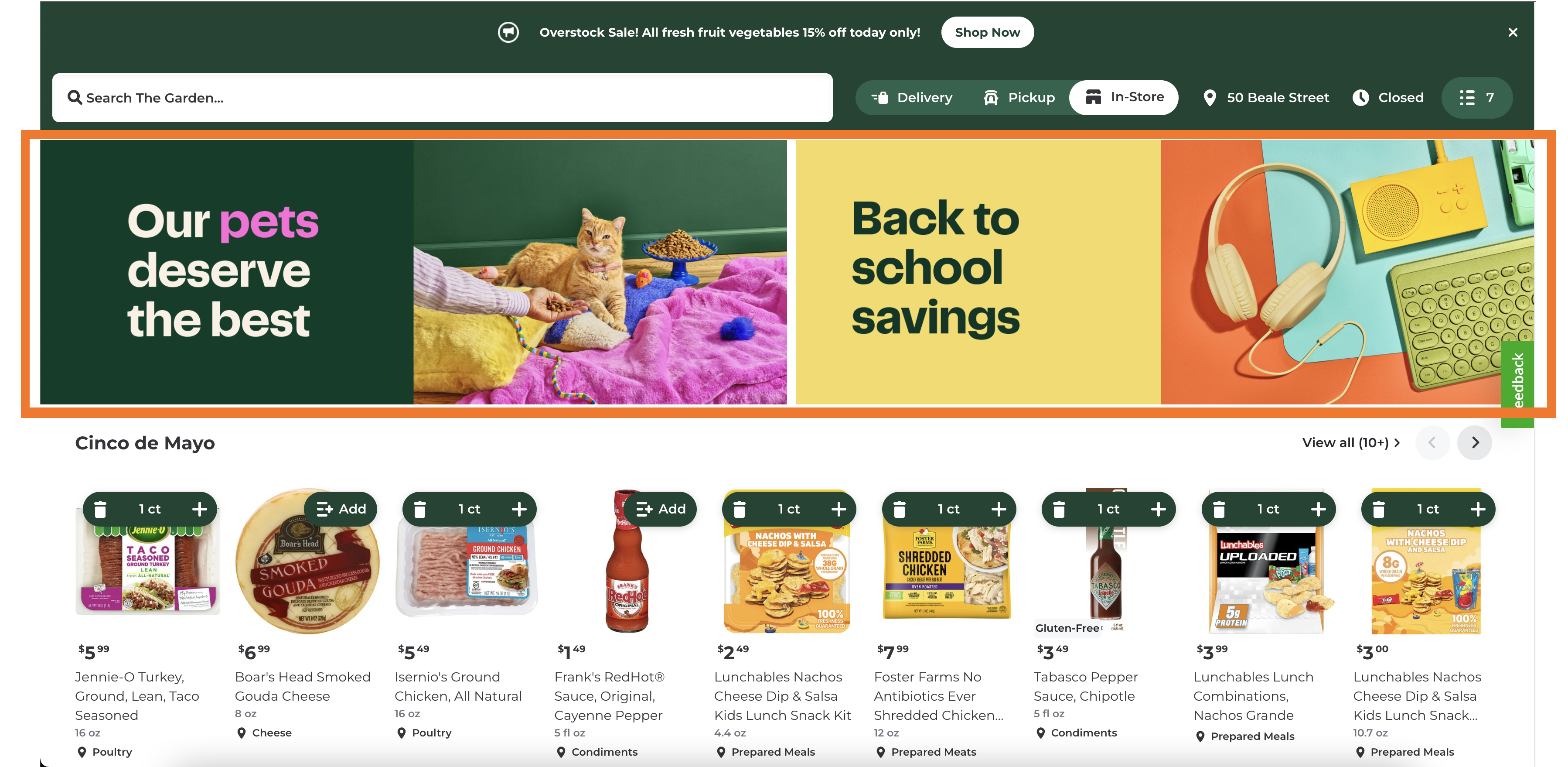 Shows a split primary banner carousel on the homepage after the header. The first banner shows an image of a cat with the text &quot;Our pets deserve the best&quot;. The second banners shows an image of various electronics with the text &quot;Back to school savings&quot;.