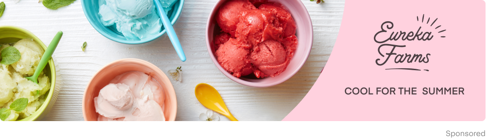 Shows a banner with a pink background and bowls of ice cream. The text reads &quot;Eureka Farms - Cool for the summer&quot;.